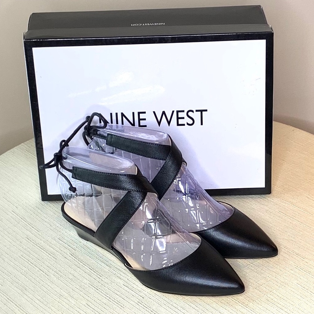 Nine West black ankle wrap wedges with tie